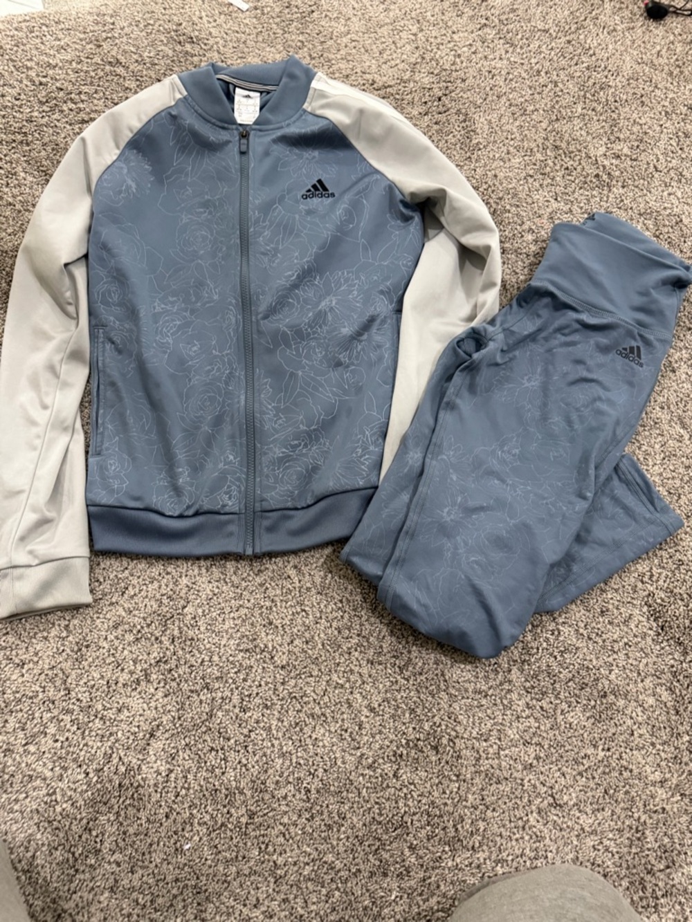 adidas Blue Floral Track Jacket and Pants with Light Gray Sleeves
